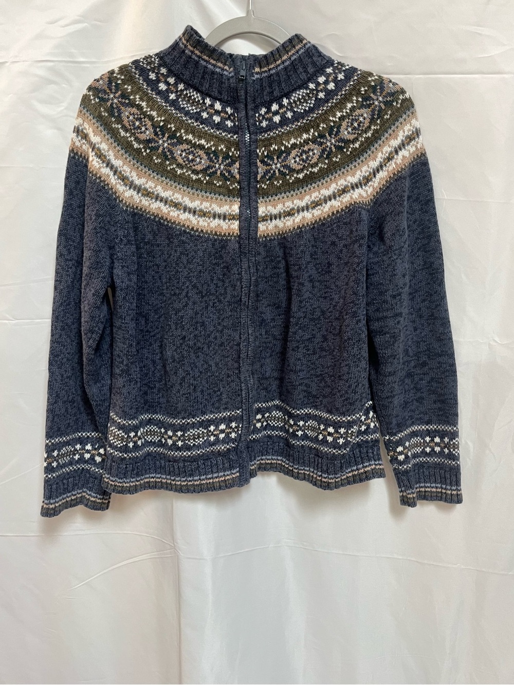 Women's Navy Fair Isle Zip Cardigan Sweater Y2K
